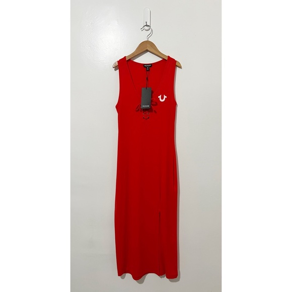 True Religion Red Horseshoe Logo Lace Up Midi Dress Size Small - Picture 2 of 8